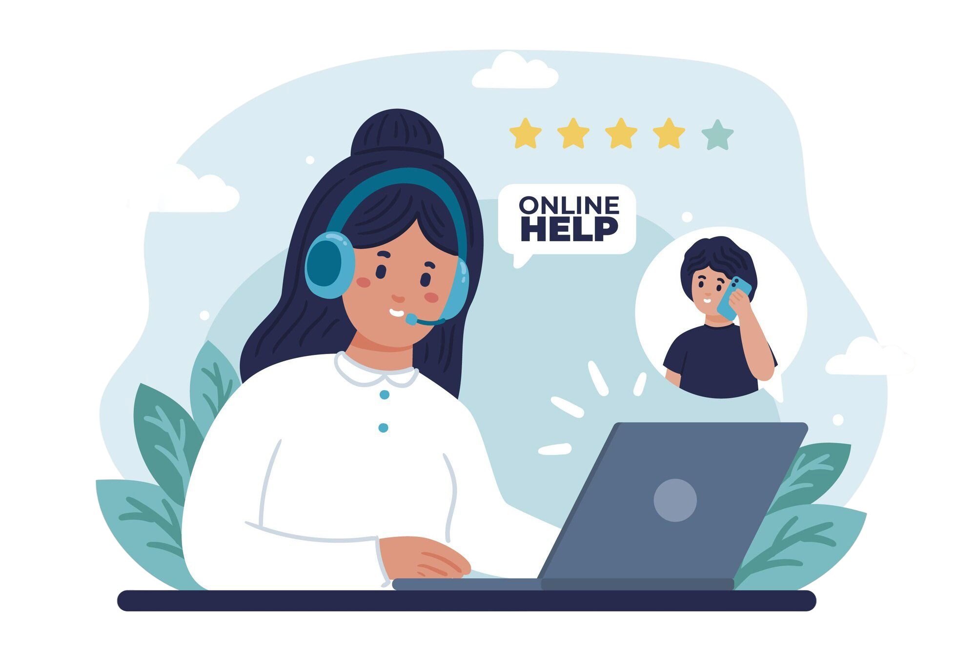 Customer service agent wearing a headset and smiling - Online Help